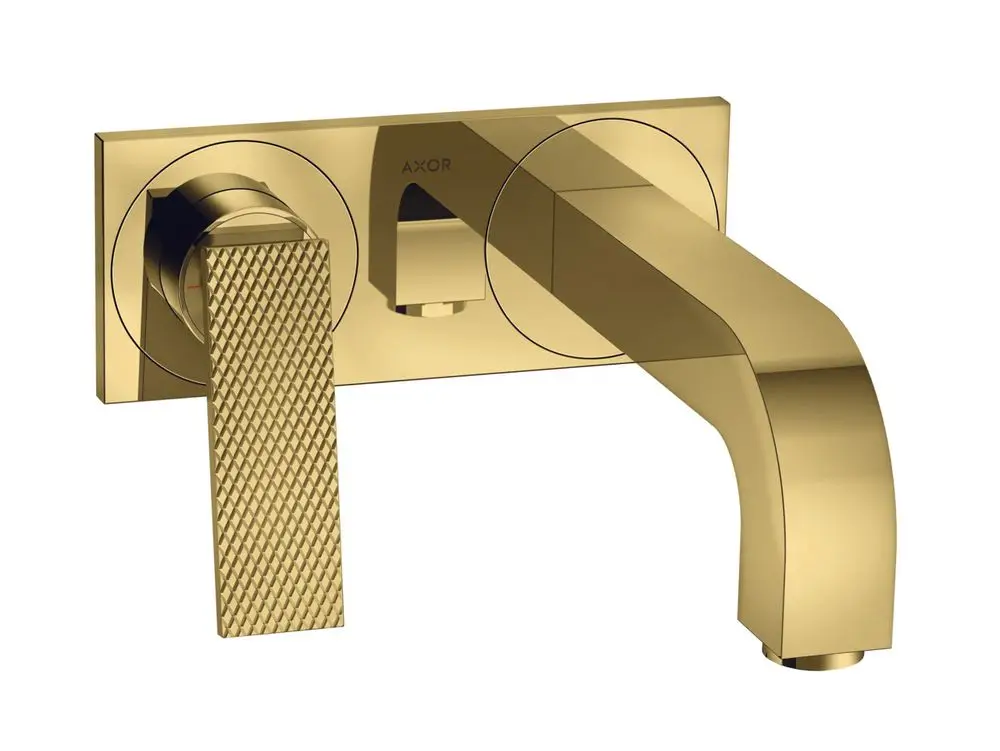 Waschtischarmatur mit Unterputzmontage von AXOR, aus Polished Gold Optic, mit rautenschliff Oberfläche und Hebelgriff. Entworfen für Wandmontage.